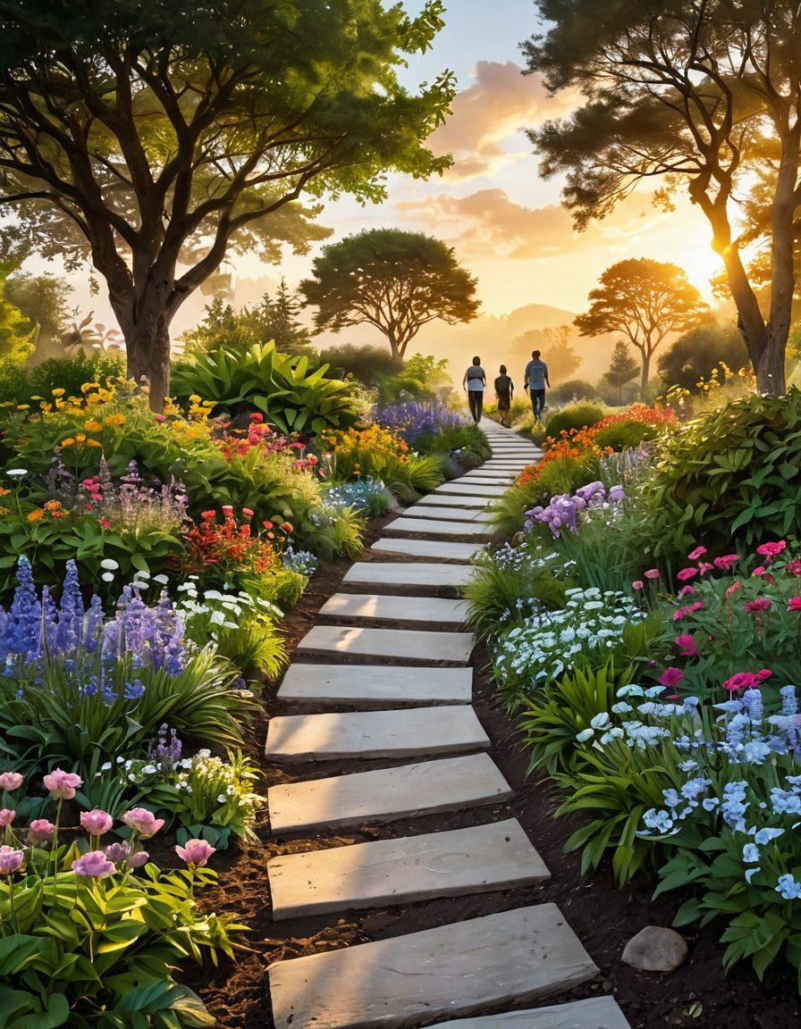 A serene landscape depicting a winding path through a lush garden, symbolizing the journey of wellness. Alongside the path, various support resources are represented, like books and flowers, each labeled with uplifting messages. The background features a soft sunset, conveying hope and tranquility. Include silhouettes of diverse patients walking together, fostering a sense of community. vibrant colors. super-realistic. uplifting atmosphere.