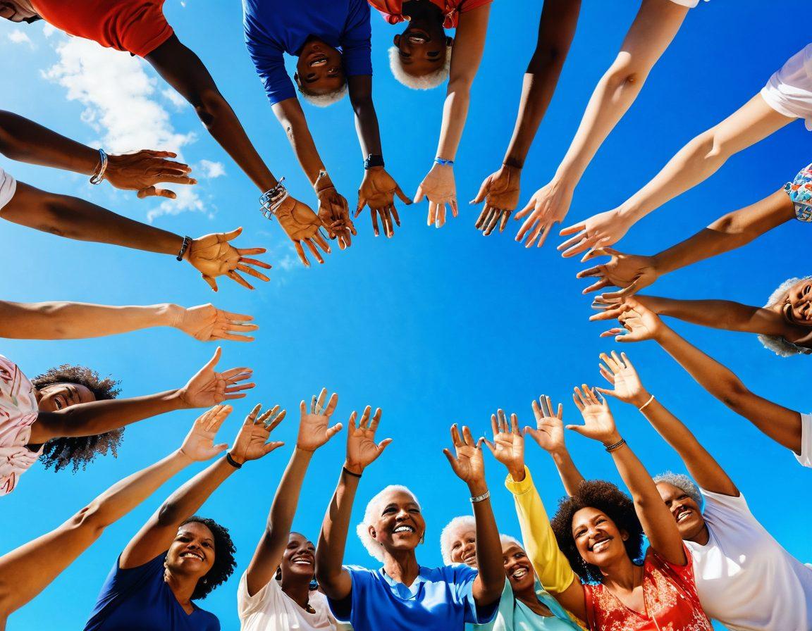 A diverse group of cancer survivors, each with unique backgrounds, gathered in a circle, sharing stories and laughter under a bright blue sky. Surround them with symbols of hope like ribbons, flowers, and supportive hands reaching out. Include a soft glow around them to signify empowerment and resilience. The atmosphere should be uplifting and warm, portraying community and strength. vibrant colors. soft focus.